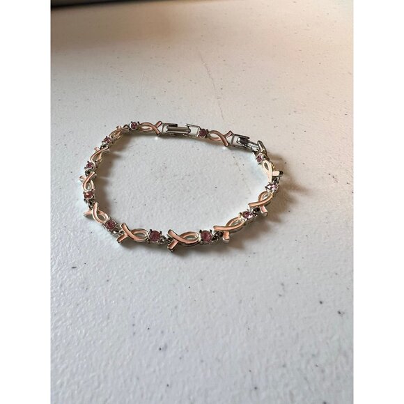 Avon Pink Breast Cancer Ribbon and Stones Bracelet with Fold Over Clasp - Picture 4 of 6